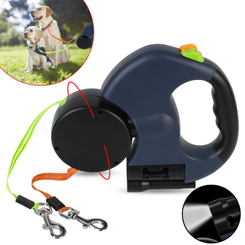 Retractable Dual Dog Leash with LED Light – 360° Tangle-Free, Poop Bag Holder, for Small Dogs